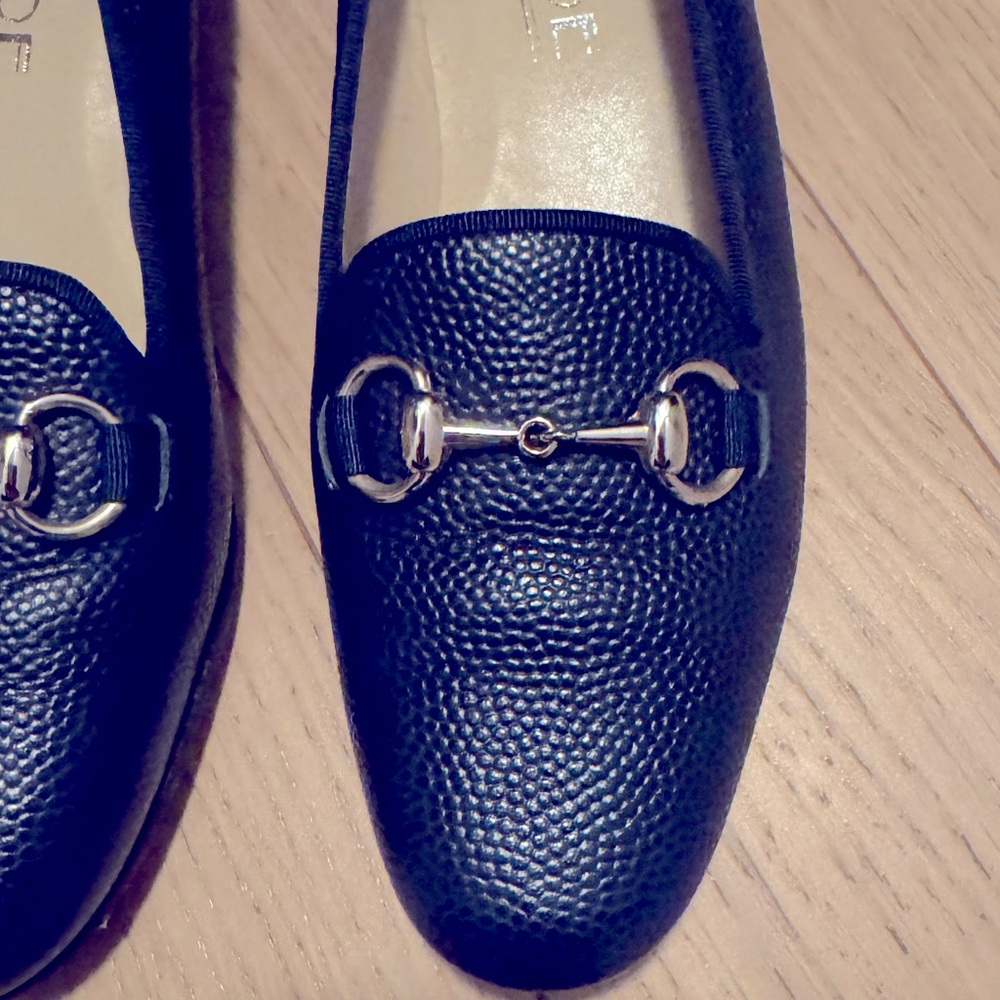 Navy Pebble Leather Loafers with Gold Horse Bit